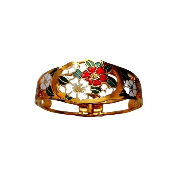 Vintage 1970's Enamel Cloisonne Goldtone Flower Hidden-hinge Bracelet - Picture 2 of 5